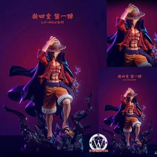 Monkey D. Luffy in iconic Gear 5 pose on black fire action figure, One Piece collectible with glowing flames and stretched limbs for SEO-optimized anime merchandise.