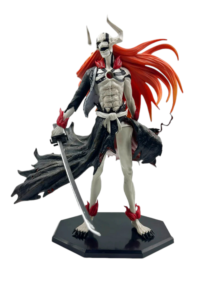 Ichigo Kurosaki Bleach action figure in Bankai with Zangetsu sword, orange hair, black shihakusho - detailed poseable anime collectible for Bleach fans